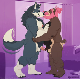 anthro balls barbell_piercing beard bed bedroom belly big_belly big_butt blue_body blue_fur blush body_hair brown_body brown_fur butt chest_hair clothed clothing duo ear_piercing eyes_closed facial_hair facial_piercing foreskin fur furniture genitals grabbing_hips grabbing_partner hair humanoid_genitalia humanoid_penis jockstrap kiss_on_nose kissing male male/male multicolored_body muscular muscular_male nipples nose_piercing nose_ring nude overweight overweight_anthro overweight_male penile penis piercing pink_hair pubes ring_piercing septum_piercing simple_background smile tail tail_motion thick_thighs touching_chest underwear white_body white_fur heronin868 ronin_(heronin868) bear canid canine canis humanoid mammal ursine wolf absurd_res hi_res