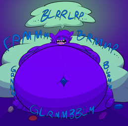 anthro belly belly_inflation big_belly bloated blue_eyes burping fart huge_belly inflation male male_pred navel object_vore open_mouth purple_body rumbling_stomach sharp_teeth solo teeth vore viddibus nintendo pokemon generation_3_pokemon pokemon_(species) sableye hi_res