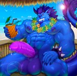 2_horns abs accessory animal_genitalia anthro balls bar beach bell bell_collar beverage biceps big_balls big_pecs blue_body blue_eyes blue_fur blue_hair blue_nipples blue_sky bracelet claws collar deltoids drinking_straw erection facial_hair fangs finger_claws forearm_muscles fur furgonomics genitals goatee hair holding_beverage holding_object horn jewelry jingle_bell jingle_bell_collar lei light light_beam male muscular muscular_anthro muscular_male muscular_thighs nipples obliques pecs penis pineapple_pattern plant public public_erection purple_penis quads ring seaside sheath sitting sky smile solo spiked_bracelet spiked_collar spikes sun sunbeam sunlight tail tail_accessory tail_jewelry tail_ring tail_tuft teeth tree tuft umbrella_drink vein veiny_penis eroskun final_fantasy square_enix azune_tonkotsu behemoth_(final_fantasy) mammal 2021 absurd_res artist_name hi_res watermark