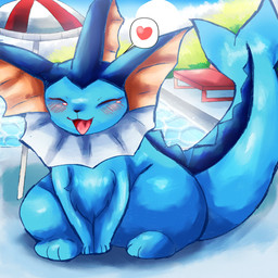 big_tail blue_body blue_fur blue_sky blue_tail blush blush_lines chair detailed_background ear_fins eyes_closed female feral fin fluffy fur furniture glistening glistening_body glistening_tail heart_symbol light neck_fin neck_tuft open_mouth open_smile plant shrub sky smile solo speech_bubble sun swimming_pool tail thick_tail tuft umbrella water felipotyphlosion nintendo pokemon eeveelution felid feline generation_1_pokemon mammal pokemon_(species) vaporeon 1:1 2026 colored colored_line_art digital_drawing_(artwork) digital_media_(artwork) hi_res lighting
