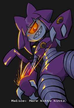 1_eye 3_claws black_background claws closed_smile dialogue evil_grin female game_over game_over_screen gameplay_mechanics glowing glowing_eyes grey_body hair machine metal metallic_body mouth_closed pseudo_hair purple_body purple_hair purple_tail sharp_teeth simple_background smile solo sparks standing standing_over tail talking_to_viewer teeth text yellow_sclera snoutless gameoverse glitch_productions malice_(gameoverse) domestic_cat felid feline felis mammal robot robot_anthro absurd_res digital_drawing_(artwork) digital_media_(artwork) english_text hi_res