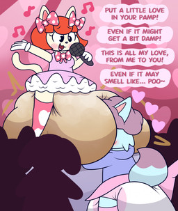 accessory ambiguous_gender anthro big_diaper black_eyes blush bow_ribbon clothing crowd diaper diaper_in_face dress electronics excessive_feces fart feces female frilly frilly_clothing frilly_dress fur group hair hair_accessory hair_bow hair_ribbon heart_symbol huge_diaper hyper hyper_diaper hyper_feces hyper_soiling legwear multicolored_body multicolored_fur musical_note musical_symbol one_eye_closed open_mouth poof_effect pooping popstar red_hair ribbons singing soiled_diaper soiling soiling_diaper speech_bubble spotlight stage stockings symbol television text unclean_diaper used_diaper using_diaper white_body white_fur nyxiettenyxstar animal_crossing nintendo fan_character felicity_(animal_crossing) felid mammal hi_res