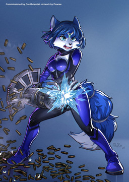 accessory anthro beads belt blue_body blue_eyes blue_fur blue_hair bodysuit boots breasts chest_tuft circlet clothing dipstick_tail eyebrows eyelashes female footwear fur furgonomics gatling_gun glistening gun hair hair_accessory hair_beads machine_gun markings minigun open_mouth ranged_weapon shell_(projectile) shoes shooting short_hair skinsuit solo tail tail_accessory tail_markings tailband tight_clothing tuft weapon white_body white_fur powree nintendo star_fox krystal_(star_fox) canid canine fox mammal 2025 hi_res signature