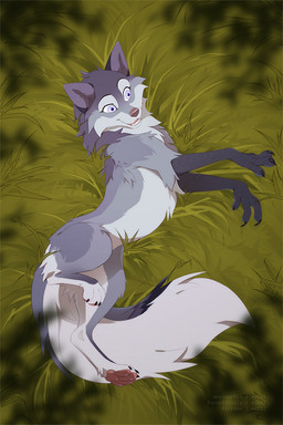 black_claws brown_nose claws eyelashes female feral fur grass grey_body grey_fur looking_away lying nude on_side open_mouth open_smile outside pawpads pink_pawpads plant purple_eyes smile solo tail white_body white_fur azzai hioshiru_(character) enfield 2020 colored digital_drawing_(artwork) digital_media_(artwork) shaded