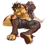 abs anthro bdsm beaten biped black_hair blood bodily_fluids claws hair horn male muscular muscular_anthro muscular_male pecs simple_background solo tail white_background wounded yellow_body maiyabuhantang scalie 1:1 hi_res