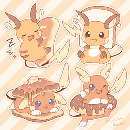 ambiguous_gender blep bread dessert doughnut eating feral food group one_eye_closed pancake pastry pattern_background simple_background sleeping sound_effects striped_background syrup tongue tongue_out vowelless vowelless_sound_effect wink zzz mugita_konomi nintendo pokemon alolan_form alolan_raichu generation_1_pokemon generation_7_pokemon pokemon_(species) raichu regional_form_(pokemon) 1:1 unavailable_at_source