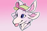 ambiguous_gender anthro blep blue_eyes bow_hat clothing clothing_bow gradient_background hat headgear headwear pink_background simple_background solo straw_hat tongue tongue_out kodadoesart kerolink avali avian headshot_portrait hi_res portrait male_(lore)