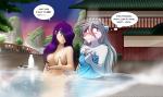 2018 anthro bathing blah_blah_blah blue_eyes blush bodily_fluids bold_text breasts canid canine canis casual_nudity chest_tuft clothed clothing colored conditional_dnp convenient_censorship detailed_background dialogue distracted duo english_text female fur grey_hair hair hair_over_eye hi_res hot_spring human inner_monologue keidran mammal maren_taverndatter nervous nude one_eye_obstructed outside partially_submerged purple_hair raine_silverlock speech_bubble steam sweat text text_emphasis thought_bubble tom_fischbach topless towel tuft twokinds water wet white_body white_fur wolf