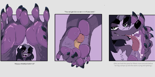 anthro auto_foot_lick big_feet black_hair black_nose bodily_fluids claws dialogue disembodied_penis duo fangs feet female foot_fetish foot_focus foot_lick foot_play footjob fur genitals green_eyes hair heart_eyes heart_symbol human_on_anthro humanoid_genitalia humanoid_penis interspecies licking male male/female male_on_anthro pawpads penis plantigrade purple_body purple_fur self_lick sex sharp_teeth snout sweat sweaty_feet teeth text toe_claws tongue sharkrags dizzi_(sharkrags) human mammal mephitid skunk werecreature weremephitid wereskunk english_text hi_res