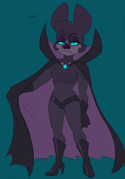 anthro biped black_cape black_clothing black_footwear black_gloves black_handwear black_high_heels boots breasts cape clothed clothing eyebrows fangs female footwear front_view fur gloves grey_body grey_fur half-closed_eyes handwear high_heeled_boots high_heels looking_at_viewer narrowed_eyes shoes simple_background small_breasts solo teeth text tight_clothing brainsister bat mammal mexican_free-tailed_bat 2026 character_name english_text hi_res