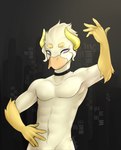 abs anthro beak biceps hair horn looking_at_viewer male pose purple_eyes solo hypohate amadeus_(ourobunny) anatid anseriform avian bird duck humanoid digital_media_(artwork) hi_res