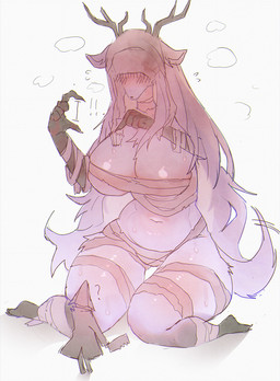 anthro antlers bandage big_breasts body_wraps breasts covered_eyes duo extreme_size_difference female gesture hair horn huge_breasts kneeling long_hair mature_anthro mature_female simple_background sitting size_difference thick_thighs white_background white_body white_hair wide_hips yabeweny bloodborne fromsoftware mythology sony_corporation sony_interactive_entertainment vicar_amelia beast_(bloodborne) canid canine mammal mythological_canine mythological_creature werecanid werecanine werecreature werewolf 2025 digital_media_(artwork) hi_res