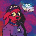 abstract_background anthro b_ninja beanie bird_dog canid canine canis clothing collar ditsy_dog_(b_ninja) domestic_dog duo female hat headgear headwear hunting_dog irish_setter lazy_ruby low_res mammal purple_eyes ruby_mello_(dynamitegrizzly) setter speech_bubble trans_(lore) trans_woman_(lore) yellow_sclera