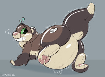 brown_body brown_fur fur green_eyes grey_background inflatable inflatable_transformation inflation looking_back_at_self mid_transformation permanent_smile pool_toy simple_background solo transformation symrea pike_(symrea) animate_inanimate living_inflatable mammal mustelid otter 2024