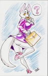 amber_eyes anthro biped bottomwear bread breasts briefcase butt clothed clothing dress eating female food footwear genitals high_heels looking_at_viewer no_underwear pussy question_mark shoes skirt solo toast upskirt bhawk canid canine fox mammal colored_pencil_(artwork) traditional_media_(artwork)