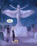 2019 4:5 5_fingers angel anthro belt black_body black_fur black_hair blonde_hair bottomwear cemetery ciel_(cinderfrost) cinderfrost clothed clothing comic demicoeur detailed_background dialogue digital_media_(artwork) duo english_text equid equine eyes_closed fingers fur grave hair hi_res horn long_hair male mammal mythological_creature mythological_equine mythology noir_(demicoeur) open_mouth outside pants pegasus red_eyes scarf sculpture shirt smile speech_bubble standing statue tank_top teeth text topwear unicorn white_body white_fur wings