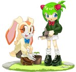 blue_eyes bottomwear bow_ribbon clothing crouching duo female fur loose_socks orange_body orange_eyes orange_fur plant pleated_skirt pseudo_hair skirt sweater topwear 3i8akira sega sonic_the_hedgehog_(series) sonic_x cosmo_the_seedrian cream_the_rabbit elemental_creature flora_fauna lagomorph leporid mammal rabbit seedrian hi_res