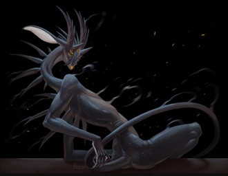 5_eyes ambiguous_gender anklet black_body black_skin butt claws horn jewelry long_neck long_torso looking_at_viewer looking_back male multi_eye rear_view sitting slim solo tail atza demon monster hi_res
