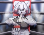 5_fingers anthro athletic athletic_anthro athletic_female bangs black_clothing black_crop_top black_shirt black_topwear bodily_fluids clothed clothing crop_top fangs female fighting_ring fingers front_view fur grey_body grey_fur hair hand_wraps highlights_(coloring) inside kemono midriff multicolored_hair object_in_mouth red_eyes red_highlights shirt standing sweat teeth topwear two_tone_hair wraps sleepiness18 rin_(sleepiness18) felid mammal 2025 digital_media_(artwork) half-length_portrait hi_res portrait