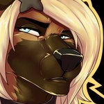 anthro black_nose blonde_hair blue_eyes brown_body brown_fur close-up face_focus female fur grumpy hair looking_away solo fcsimba dora_schutzhund canid canine canis domestic_dog german_shepherd herding_dog mammal pastoral_dog 1:1 2023