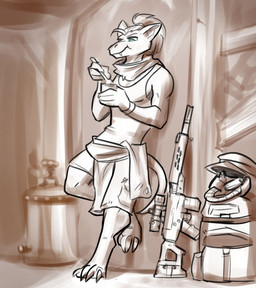 4_fingers anthro armor backpack barefoot bottomwear can canned_food claws clothed clothing container cutlery detailed_background digitigrade eating feet female fingers flat_chested food gun headgear helmet holding_object holding_spoon inside kitchen_utensils leaning_on_wall ranged_weapon rifle scarf scope shirt shorts solo spoon tank_top toe_claws tools topwear weapon raemyshu project_silverfish helena_serafima inheritor lizard reptile scalie 2025 brown_and_white hi_res monochrome spot_color