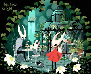 2_horns ambiguous_gender biped black_body black_eyes blue_flower chair cloak clothing container cup eyes_closed fingers flower flying furniture group holding_object holding_watering_can horn leaf lifeblood on_chair on_ground plant plant_pot purple_flower red_cloak red_clothing sitting sitting_on_chair sparkles standing standing_on_chair tea_cup text watering_can wings yellow_flower arizuka00 hollow_knight team_cherry broken_vessel_(hollow_knight) grimmchild_(hollow_knight) hollow_knight_(character) the_knight_(hollow_knight) arthropod vessel_(species) 2025 english_text half_sister_(lore) sibling_(lore) sister_(lore)