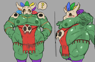 anthro armlet arms_out belly big_belly big_moobs blush blush_lines bone bone_mask bottomwear clothed clothing embarrassed feather_crown feathers glistening glistening_body glistening_moobs glowing glowing_eyes gold_(metal) gold_armlet gold_jewelry gold_necklace green_body green_nipples green_scales grey_background horn jewelry loincloth loincloth_only male mask moobs multicolored_body multicolored_feathers necklace nipples no_underwear obese obese_male overweight overweight_male question_mark raised_arms scales simple_background skimpy skull skull_accessory skull_mask skull_pauldron solo speech_bubble thick_thighs tight_fit topless wide_hipped_male wide_hips sightsear terraria witch_doctor_(terraria) lihzahrd lizard lizardman reptile scalie