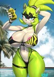 anthro areola areola_slip big_breasts bikini black_body black_fingernails black_nails blue_eyes blush breasts clothing colored_nails ear_piercing ear_ring eyebrow_piercing facial_piercing female fingernails green_body green_hair hair huge_breasts long_fingernails multicolored_body nails piercing pink_areola ring_piercing solo swimwear thick_thighs two-piece_swimsuit white_body wide_hips maned_kitsune idw_publishing sega sonic_the_hedgehog_(comics) sonic_the_hedgehog_(idw) sonic_the_hedgehog_(series) surge_the_tenrec afrosoricid mammal tenrec 2025 hi_res