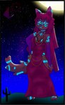 anthro brown_body brown_fur cactus clothing dress female fur glowing glowing_eyes glowing_markings gradient_eyes hair markings moon night plant red_clothing red_dress red_hair sky solo star starry_sky adesertdweller hollow_hip_backless_chain_dress zahra_(dwell) canid canine canis fox jackal mammal absurd_res hi_res