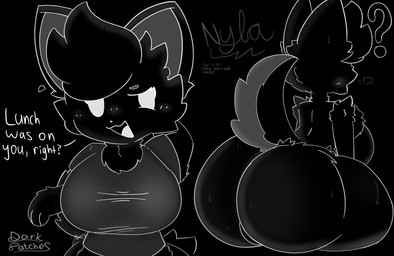 anthro big_breasts big_butt breasts butt dialogue female introduction solo tail text thick_thighs darkpatches nyla_(darkpatches) canid canine canis domestic_dog mammal english_text hi_res monochrome multiple_scenes