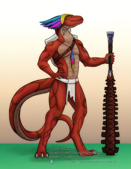 anthro barbarian bottomwear claws clothing digitigrade hand_on_hip headgear headwear holding_object holding_weapon jewelry loincloth male melee_weapon necklace red_body shield simple_background solo standing tail toe_claws weapon yellow_sclera icy-marth reptile scalie snake hi_res sketch