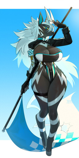 5_fingers anthro biped black_body black_fur blue_eyes breasts checkered checkered_flag claws clothed clothed_anthro clothed_female clothing female finger_claws fingers flag flag_(object) fur gloves hair handwear holding_flag holding_object hooves looking_at_viewer navel race_queen solo tail white_hair white_tail yellow_sclera yuio nintendo pokemon generation_5_pokemon pokemon_(species) zebstrika 2026 absurd_res digital_drawing_(artwork) digital_media_(artwork) full-length_portrait hi_res portrait