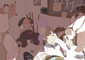 anthro balls brown_body brown_fur classroom clothing erection fur genitals group inside kemono male male/male overweight overweight_male penis school shirt topwear young xiaochuixiyang ailurid canid canine canis domestic_cat domestic_dog felid feline felis mammal red_panda 2021 absurd_res hi_res