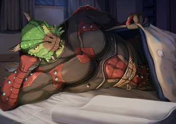 anthro bedding blanket bodypaint clothed clothing detailed_background face_paint facial_scar fully_clothed green_body green_scales horn looking_at_viewer lying male mattress muscular muscular_male on_side scales scar smile solo tail thick_tail under_covers uniformed_male yellow_eyes gunka bethesda_game_studios microsoft skyrim the_elder_scrolls the_dark_brotherhood_(the_elder_scrolls) veezara argonian scalie 2022