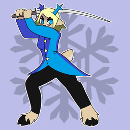 angry anthro antlers black_bottomwear black_clothing black_pants blonde_hair blue_antlers blue_clothing blue_eyes blue_topwear bottomwear clothing female fur hair holding_katana holding_melee_weapon holding_object holding_sword holding_weapon hooves horn katana melee_weapon pants solo sword tan_body tan_fur topwear weapon wrinkles ashblondekittyy deltarune undertale_(series) carol_holiday deer mammal new_world_deer reindeer 1:1 hi_res
