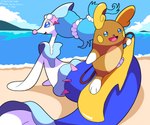 ambiguous_gender anthro blue_eyes blue_hair cloud duo eyelashes gem hair looking_at_viewer open_mouth orange_body paws pearl_(gem) sea sky starfish_(accessory) tail tongue water white_body sleepy_sealion nintendo pokemon alolan_form alolan_raichu asterozoan echinoderm generation_7_pokemon marine pokemon_(species) primarina regional_form_(pokemon) starfish 2025 6:5 dated hi_res signature