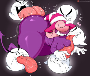ambiguous_gender big_butt big_tongue blush bodily_fluids breast_lick breast_play breasts butt butt_lick clothing female female/ambiguous gloves group hair handwear hat headgear headwear huge_butt huge_hips huge_thighs licking long_tongue nipples open_mouth patreon_logo pink_hair purple_body saliva text thick_thighs tongue tongue_out white_clothing white_gloves white_handwear wide_hips jinu mario_bros nintendo paper_mario patreon vivian_(mario) boo_(mario) ghost humanoid shadow_siren spirit 2022 digital_media_(artwork) hi_res url