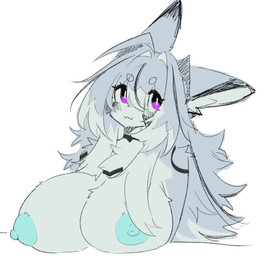 :3 ahoge anthro areola bangs big_breasts black_markings blue_areola blue_body blue_fur blue_nipples breasts chest_tuft eyelashes female fur hair huge_breasts inner_ear_fluff long_hair looking_away markings nipples nude puffy_areola puffy_nipples purple_eyes simple_background solo tuft white_background shiyaa_stuff canid canine fox mammal 2025 colored colored_sketch digital_drawing_(artwork) digital_media_(artwork) half-length_portrait portrait sketch