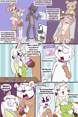 balls chastity_cage chastity_device clothing dialogue dress duo female genitals group male nude penis text fuf locktober selene_blackcat bear calico_cat domestic_cat felid feline felis lagomorph leporid mammal rabbit 2:3 comic english_text hi_res