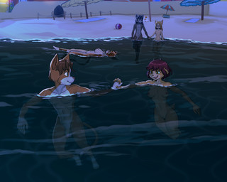 4_toes 5_fingers anthro balls beach black_hair blonde_hair breasts brown_body brown_fur brown_hair casual_nudity exposure_variation eyewear feet female fingers floating fur genitals glasses grey_body grey_fur group hair hand_holding hindpaw humanoid_hands interspecies interspecies_romance love male male/female multicolored_body multicolored_fur night nipples nude nude_anthro nude_female nude_male nude_male_nude_female outdoor_nudity outside partially_submerged paws penis public romantic romantic_ambiance romantic_couple skinny_dipping swimming tail toes two_tone_body two_tone_fur vulva walking water wearing_glasses white_body white_fur diacordst on_your_tail chea_(on_your_tail) diana_caproni_(on_your_tail) lexua_(on_your_tail) paun_(on_your_tail) peina_(on_your_tail) bovid calico_cat canid canine canis caprine domestic_cat felid feline felis goat mammal tabby_cat wolf 5:4 hi_res