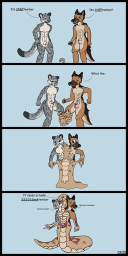 2_penises animal_genitalia animal_noises animal_noises_while_talking animal_penis anthro apode attribute_theft bodily_fluids conjoined forked_tongue genital_fluids genitals goo_transformation group hissing legless male male/male merge_transformation merging multi_genitalia multi_penis muscular muscular_anthro muscular_male penis precum september_(month) serpentine speech_change speech_impediment text tongue transformation transformation_sequence trio varied_multi_genitalia varied_multi_penis chez_(artist) sneptember canid canine canis domestic_dog draconcopode felid german_shepherd herding_dog mammal naga pantherine pastoral_dog reptile scalie snake snow_leopard 1:2 absurd_res comic english_text hi_res