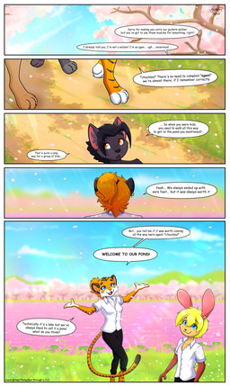 4_fingers anthro black_body black_fur blue_eyes cherry_blossom clothed clothing day detailed_background ear_piercing ear_ring female fingers flower fur grass group light male nature nature_background orange_body orange_fur piercing plant prunus_(flower) ring_piercing sunlight text water yellow_body yellow_eyes yellow_fur piporete george_heartfields mrs._yorushika canid canine canis felid feline lagomorph leporid mammal pantherine rabbit tiger wolf 2026 absurd_res comic digital_drawing_(artwork) digital_media_(artwork) digital_painting_(artwork) english_text hi_res painting_(artwork) right_to_left signature