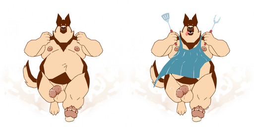 anthro apron balls belly big_belly blue_apron blue_clothing brown_body brown_fur brown_tail clothing erection front_view fur genitals holding_object huge_belly male male_anthro moobs nude obese obese_anthro obese_male open_mouth overweight overweight_anthro overweight_male running simple_background solo tail tan_balls tan_body tan_fur tan_tail tongue tongue_out white_background chocolateandmilk canid canine canis domestic_dog mammal hi_res