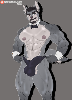 abs anthro areola beard biceps black_hair blue_eyes bulge detailed_bulge erection eyebrows facial_hair fur hair heterochromia inner_ear_fluff male muscular muscular_anthro muscular_male mustache nipples pecs solo tail text tuft veiny_arms castbound rico_(castbound) canid canine canis hybrid mammal wolfdog hi_res url