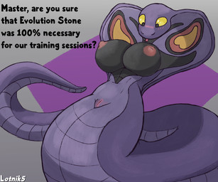 anthro apode armless big_breasts breasts dialogue female genitals legless limbless long_body long_tail looking_at_breasts looking_down markings master nipples non-mammal_breasts non-mammal_nipples non-mammal_vulva pokemorph presenting purple_body question_mark serpentine simple_background solo surprised tail text tongue tongue_out toony vulva yellow_eyes lotnik5 nintendo pokemon arbok draconcopode generation_1_pokemon naga pokemon_(species) reptile scalie snake 6:5 absurd_res english_text guide_lines hi_res shaded simple_shading sketch