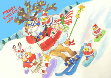anthro antlers brown_body brown_fur christmas_clothing clothed clothing eyewear female fur goggles group hat headgear headwear holidays horn kemono outside scarf snow text topwear white_body white_fur young kyokyota christmas avian bird chicken deer galliform lagomorph leporid mammal new_world_deer phasianid rabbit reindeer 2019 absurd_res english_text hi_res