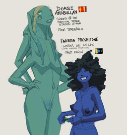 4_arms 4_eyes accessory afro areola astrological_symbol astronomical_symbol beads big_areola big_breasts blotchy_areola blue_body blue_skin bracelet breasts duo female fictional_flag flag genitals green_body green_skin head_tentacle headband jewelry kinky_hair larger_female lidded_eyes multi_arm multi_eye multi_limb navel necklace noseless nude outie_navel planet_symbol science_fiction size_difference smaller_female smile symbol text vulva waist_beads conditional_dnp md34 kilmandy_8_(md34) dorsi_akabullan fadera_micshitone alien humanoid materi posthuman terebra character_name english_text