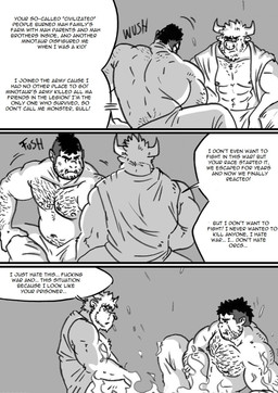 clothed clothing dialogue fangs fire hairy horn male male/male muscular nipples profanity sitting teeth text topless husky92 european_mythology greek_mythology mythology bovid bovine humanoid mammal minotaur orc comic english_text greyscale hi_res monochrome multiple_scenes
