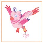 ambiguous_gender beak blue_eyes border claws crest_of_love digimon_crest eyelashes feathers flying pink_body pink_feathers red_claws ring ring_on_leg solo symbol white_border maybelsart bandai_namco digimon avian biyomon digimon_(species) 1:1 hi_res