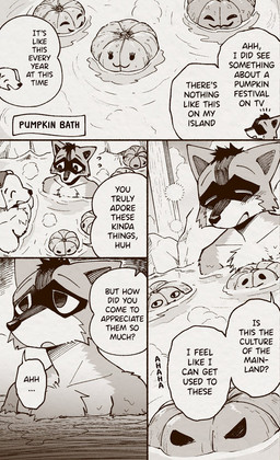 adolescent anthro bath bathhouse bathing dialogue duo eyes_closed holidays jack-o'-lantern kemono male nude nude_anthro nude_male public public_nudity speech_bubble text young young_anthro young_male dark_ishihara third-party_edit halloween araizumi_funaka kaneinu_kosuke canid canine canis domestic_dog mammal procyonid raccoon absurd_res comic english_text hard_translated hi_res monochrome right_to_left translated translation_edit